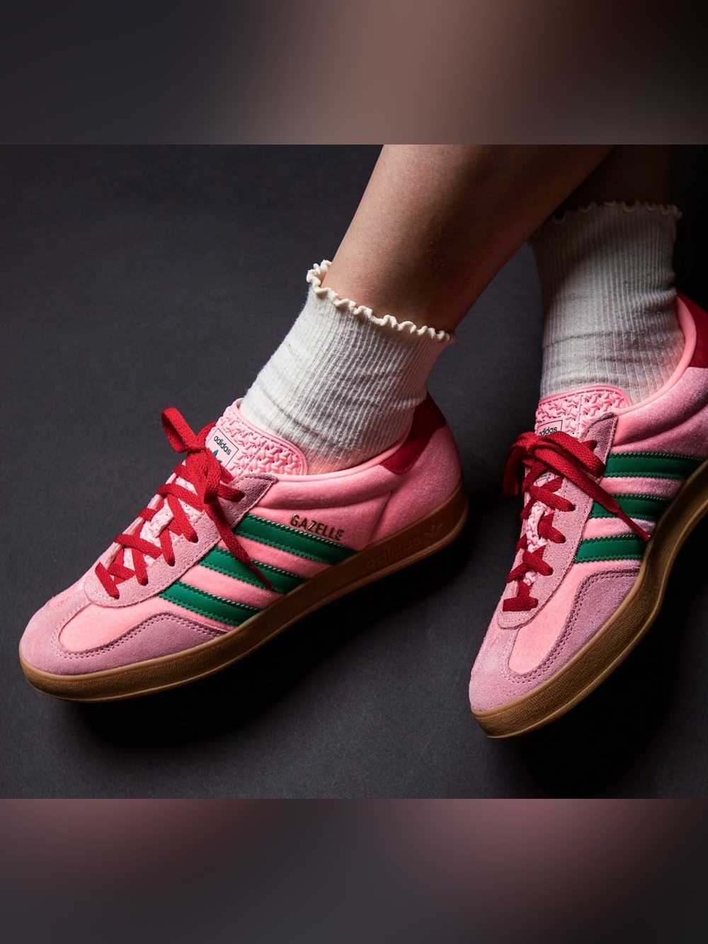 adidas Originals Gazelle Pink with Green Stripes and Red Laces